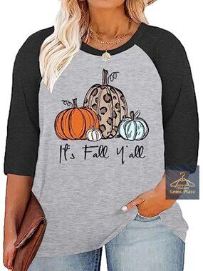 Plus Size Halloween Pumpkin Shirt 3/4 Sleeve Its Fall Yall Print Tshirt
